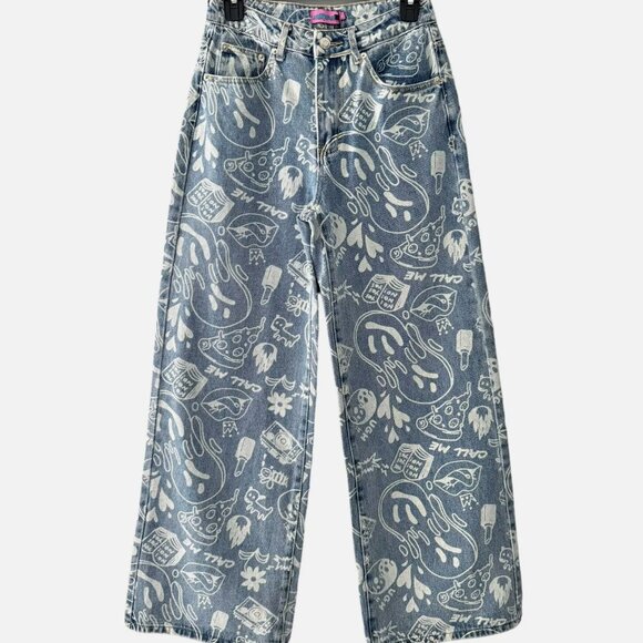 Edikted Cropped Denim Jacket & Malia Printed Wide Leg Jeans Streetwear - Picture 3 of 16